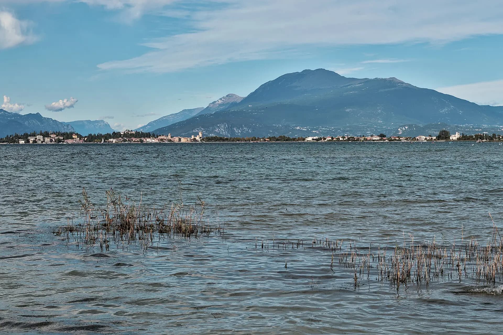 The Sirmione peninsula on Lake Garda with Monte Baldo rising behind it