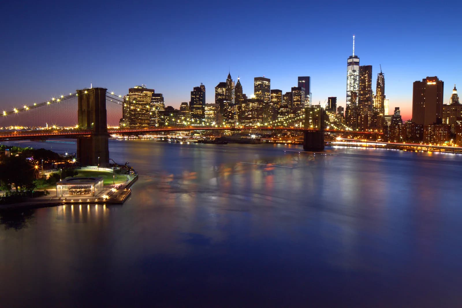 Brooklyn Bridge and the Lower Manhattan skyline at blue hour