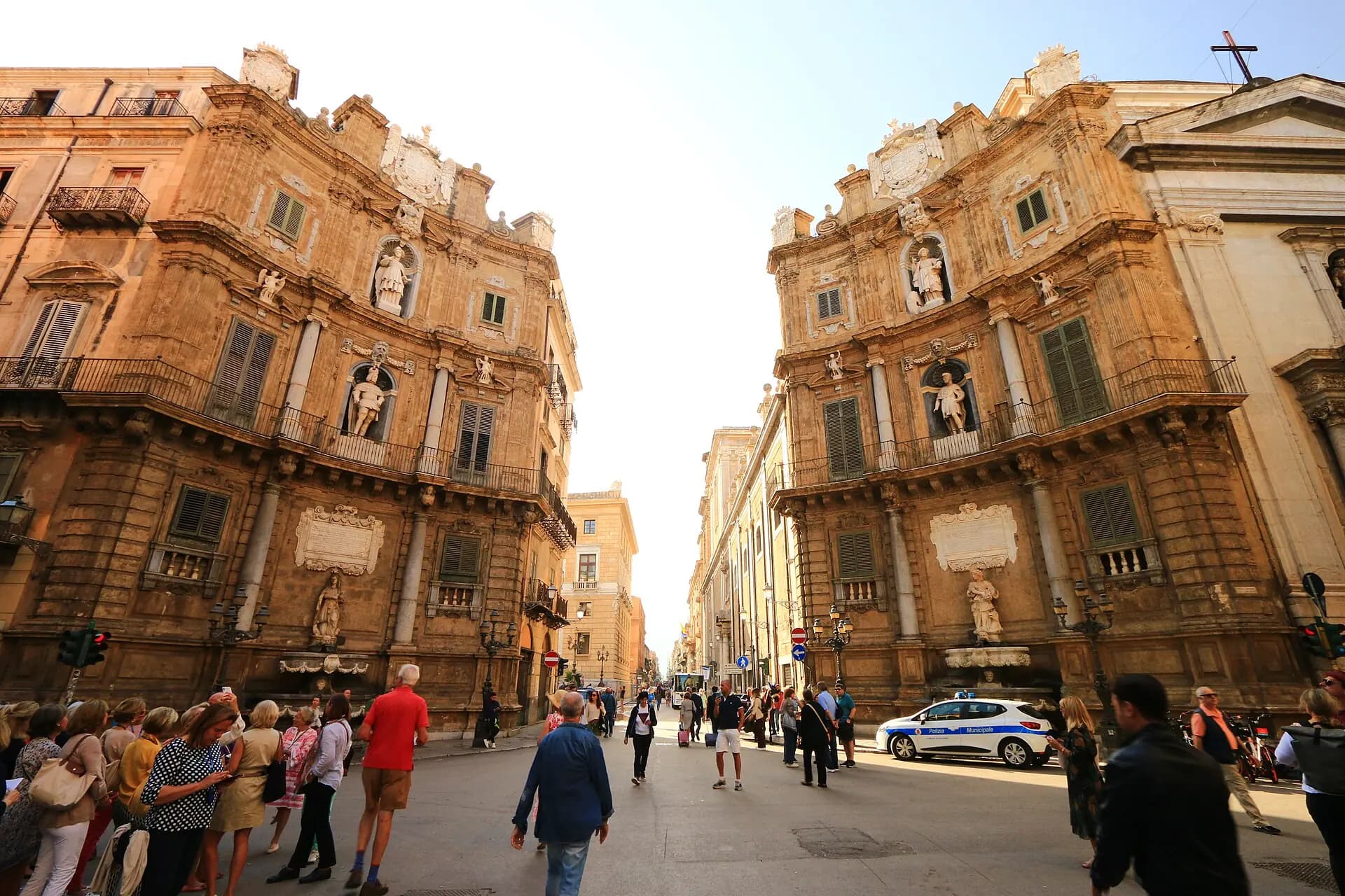 The baroque facades of the Quattro Canti crossroads in central Palermo