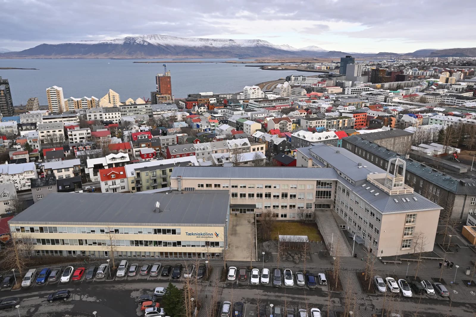 Reykjavik seen from the church tower, painted metal rooftops running down to the bay with mountains across the water
