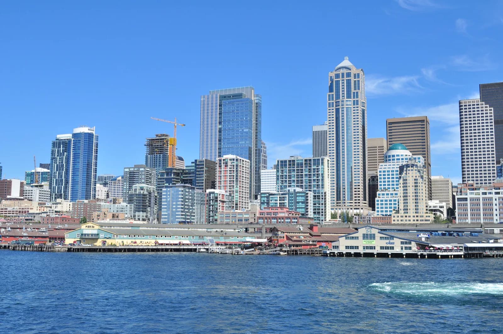 The downtown Seattle waterfront and piers seen from Elliott Bay, the crossing families make on the water taxi