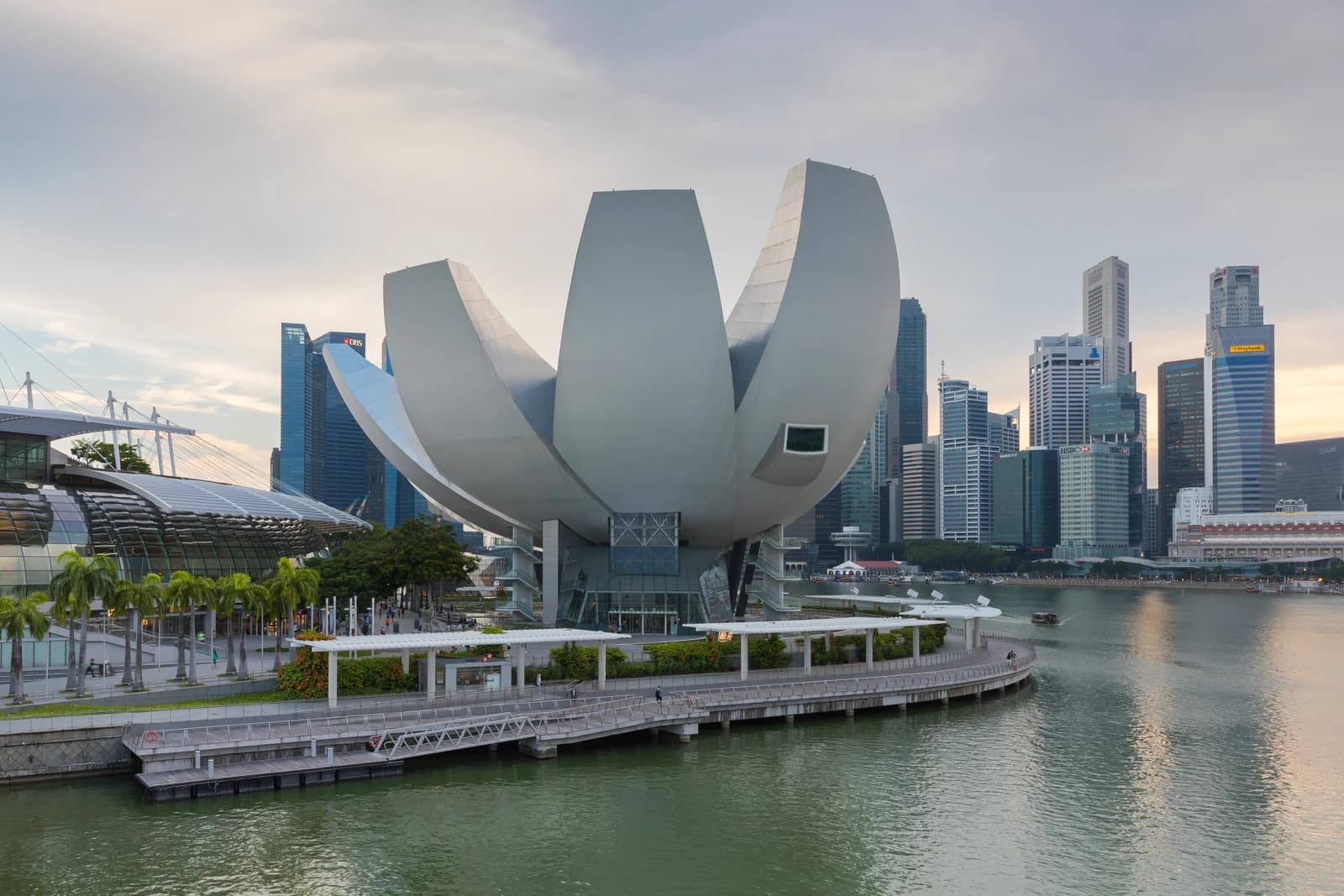 The lotus-shaped ArtScience Museum on Marina Bay with the Singapore financial district skyline behind