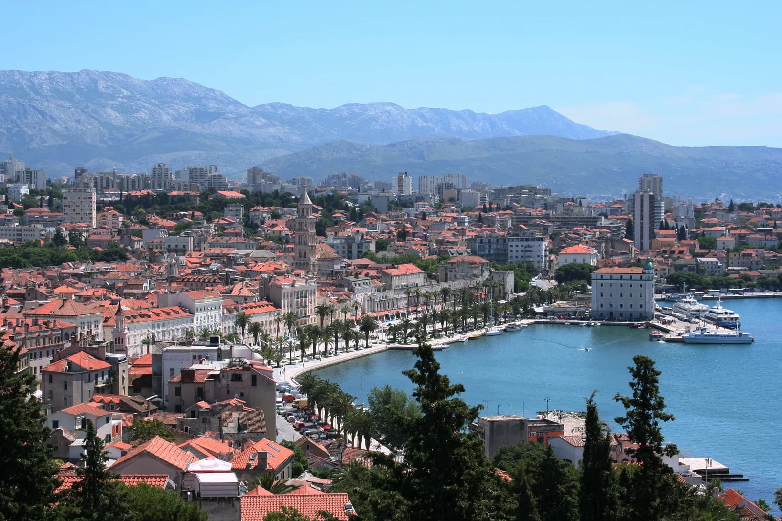 Split from above, with the Riva waterfront promenade, the Old Town roofs and the harbour