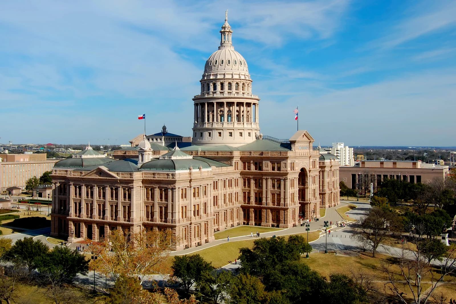 The dome and grounds of the Texas State Capitol in downtown Austin