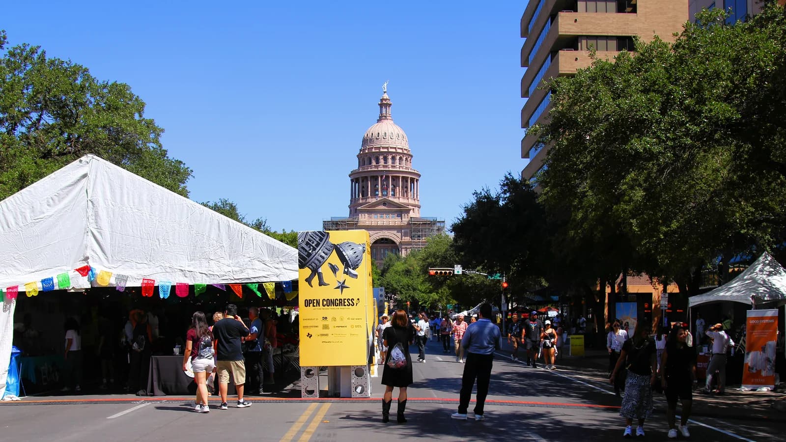 Congress Avenue closed to traffic for a street event, looking north to the Texas State Capitol