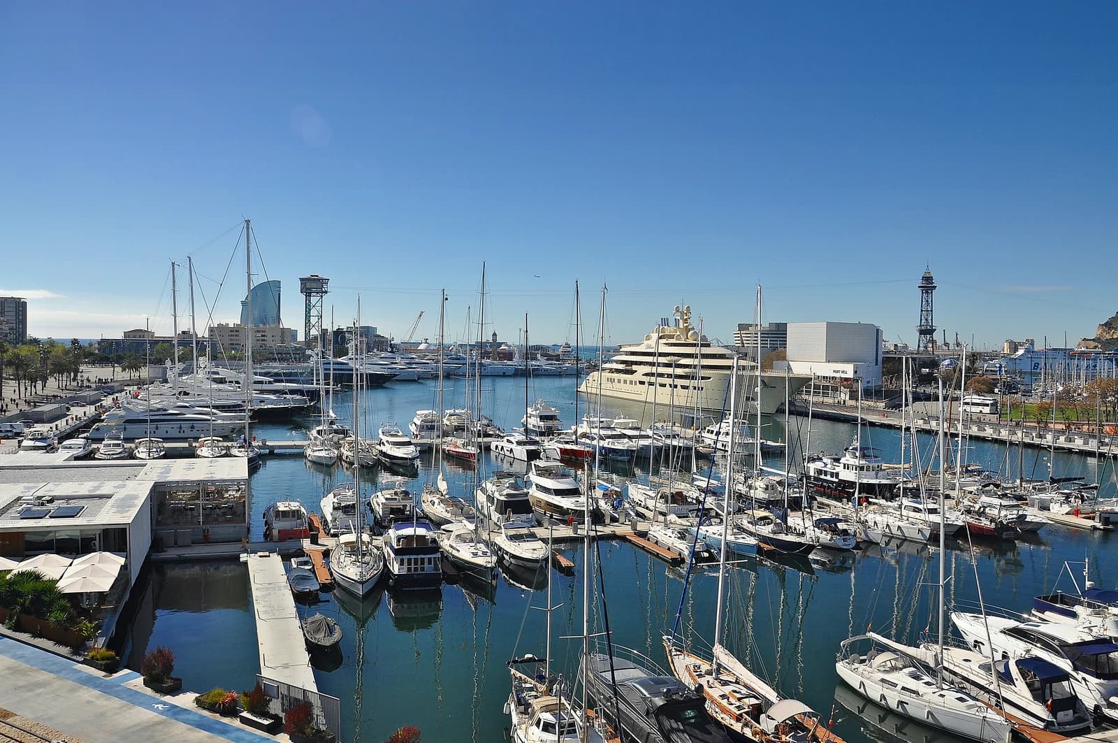 Boats moored at Port Vell in Barcelona, where the aquarium sits
