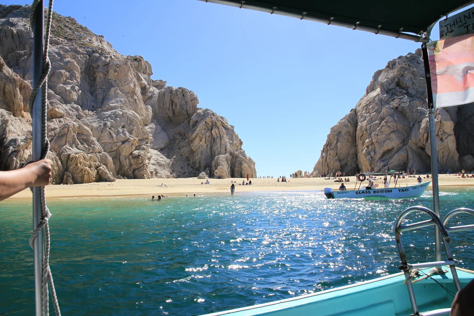 Playa del Amor at Land's End seen from a glass-bottom water taxi, the only way to reach it