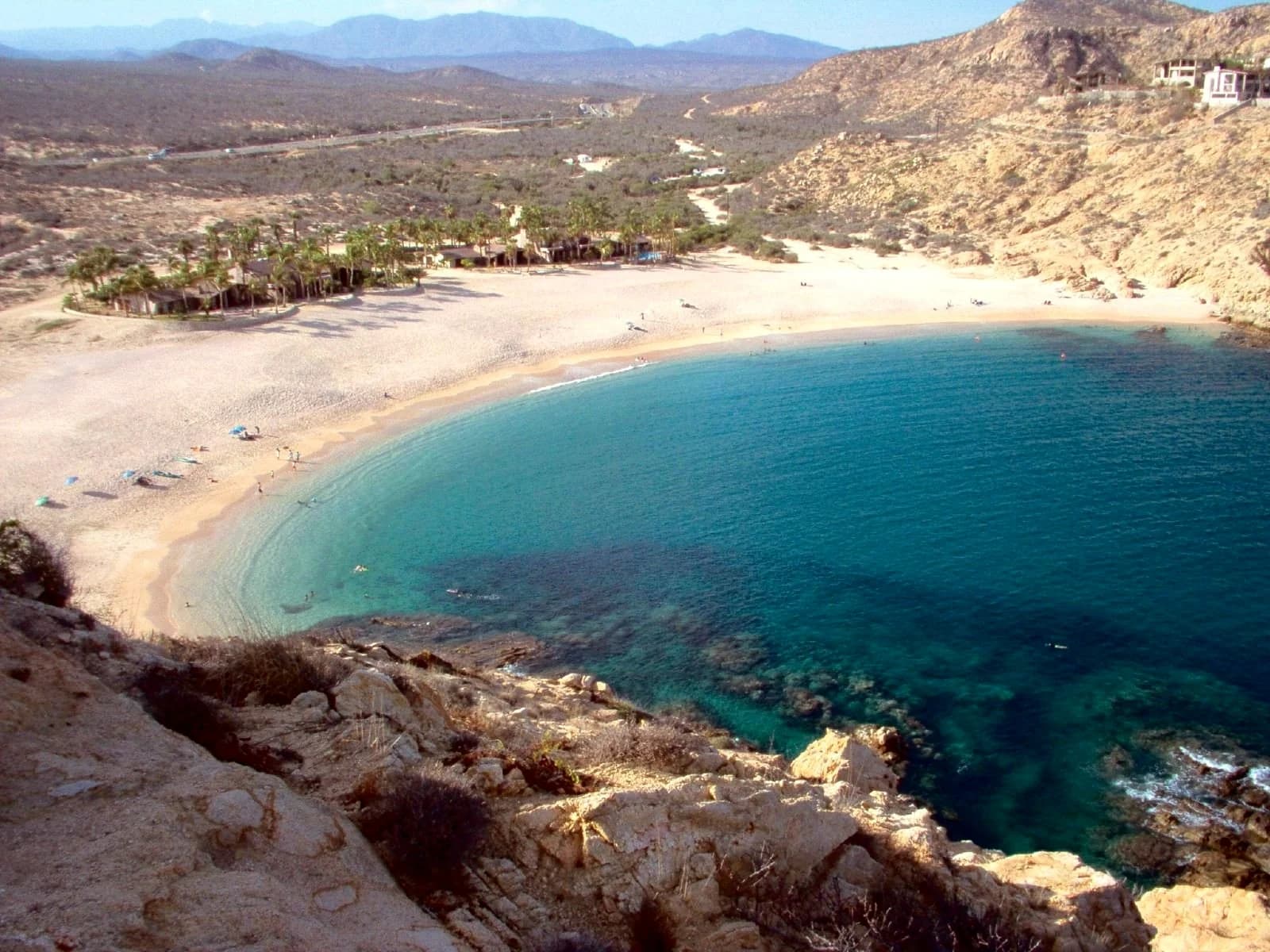 The horseshoe cove at Playa Santa Maria on the Los Cabos corridor, seen from the headland above