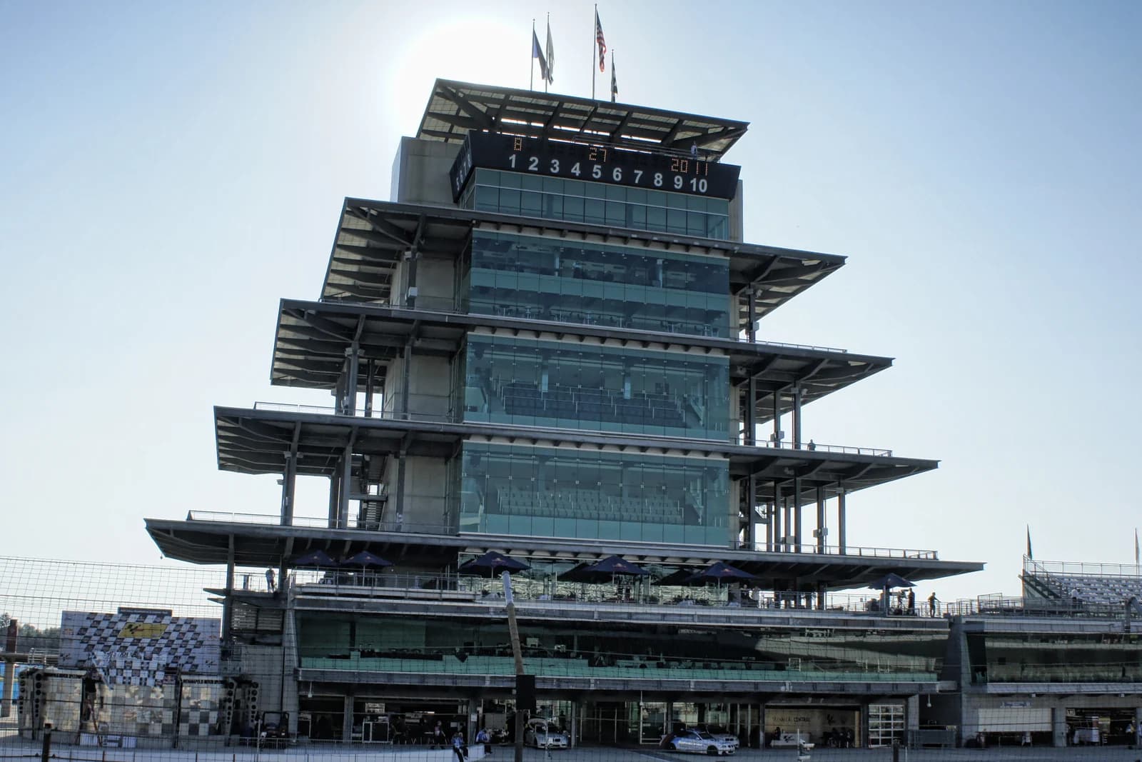 The tiered Pagoda tower and empty grandstands at the Indianapolis Motor Speedway on a non-race day