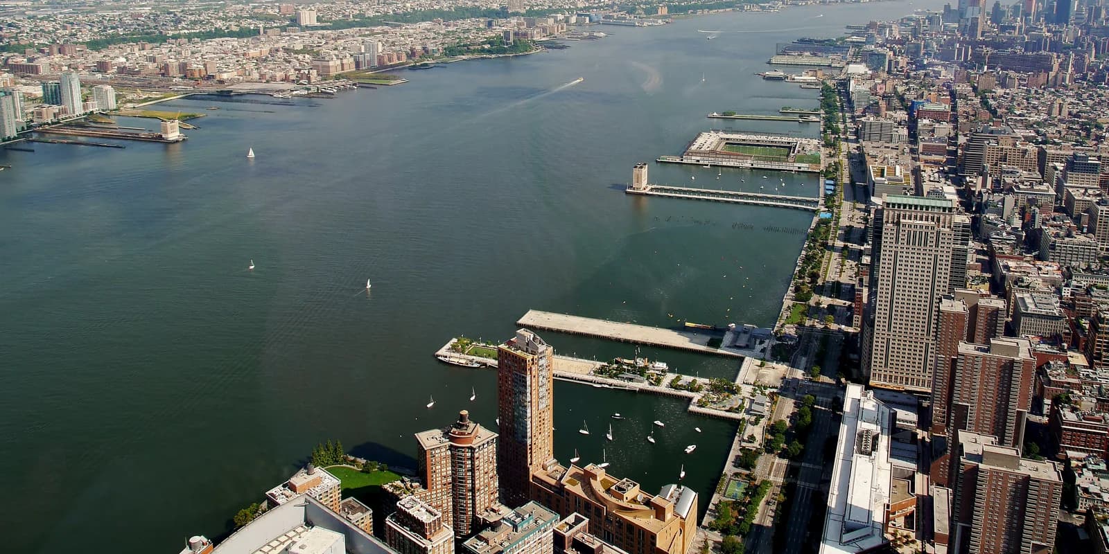 The Hudson River and lower Manhattan seen from the top of One World Trade Center
