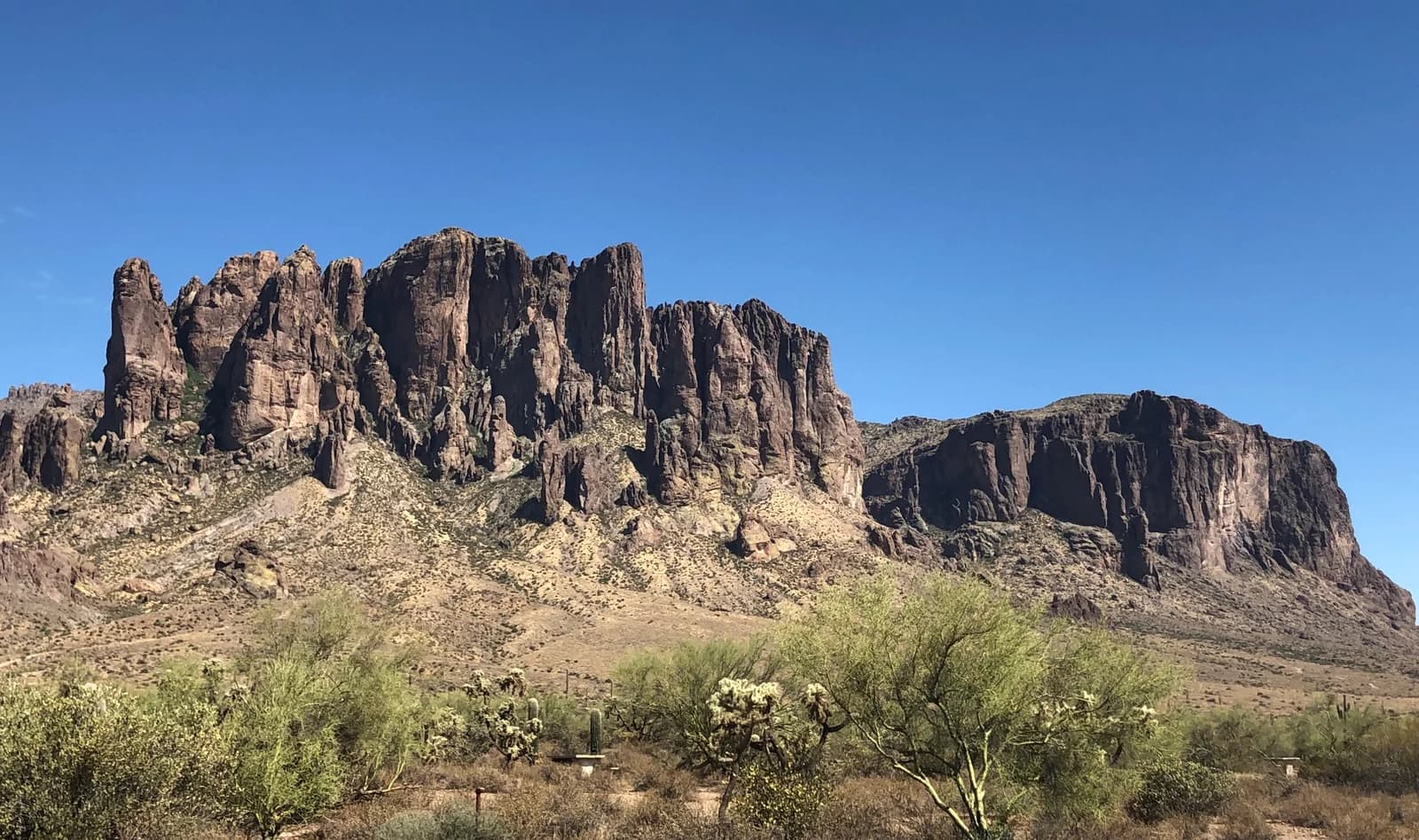 The Superstition Mountains rising above the desert at Lost Dutchman State Park